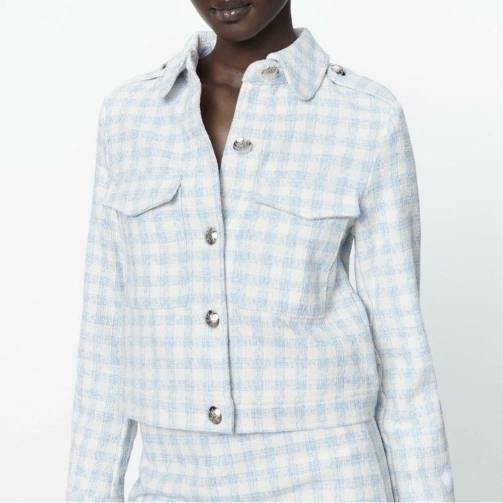 ZARA TWEED PLAID GINGHAM CHECKERED JACKET BLUE WHITE S STRUCTURED